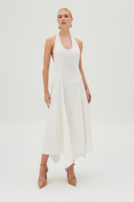 VESTIDO MIDI FECHAMENTO DE BOTAO PESCOCO FRENTE UNICA OFF WHITE
