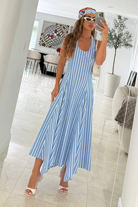 VESTIDO MIDI FRENTE UNICA BARRA AMPLA ASSIMETRICA LISTRADO AZUL MARINHO