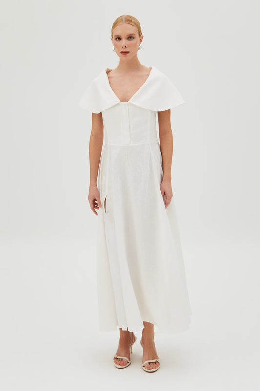 VESTIDO MIDI MAXI GOLA BOTOES VISTA E BARRA AMPLA BRANCO