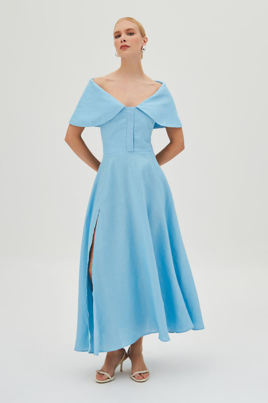 VESTIDO MIDI MAXI GOLA BOTOES VISTA E BARRA AMPLA AZUL OCEANO