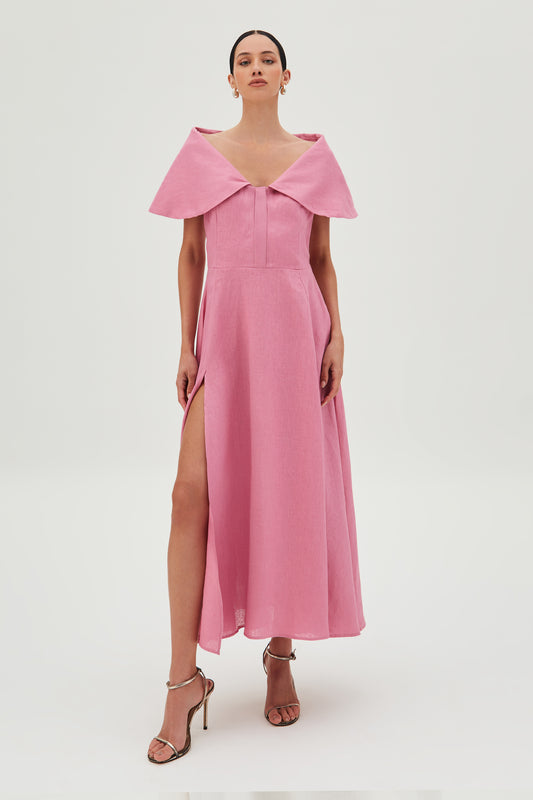 VESTIDO MIDI MAXI GOLA BOTOES VISTA E BARRA AMPLA ROSA AMARANTO