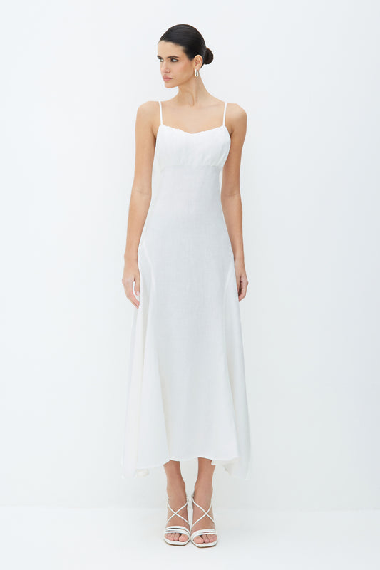 VESTIDO MIDI COM DRAPEADOS BUSTO E BARRA AMPLA BRANCO