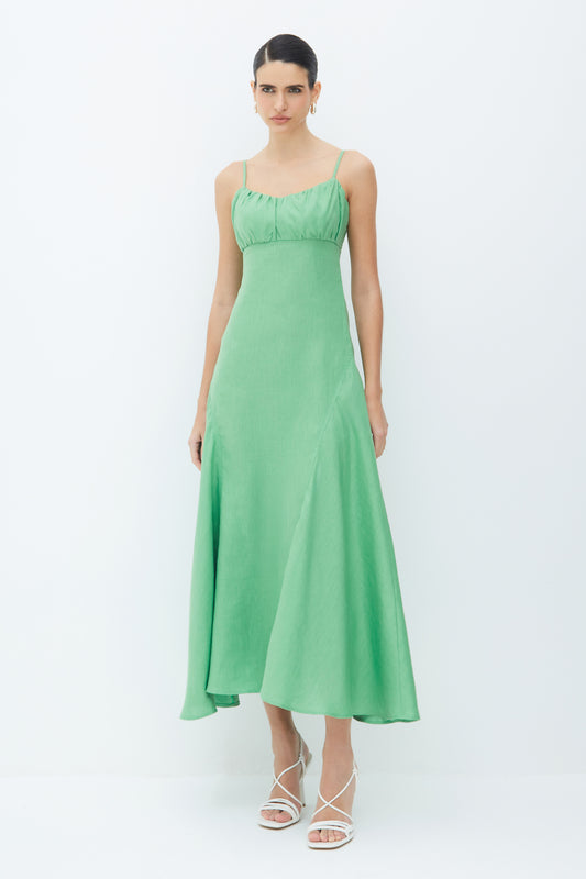 VESTIDO MIDI COM DRAPEADOS BUSTO E BARRA AMPLA VERDE FLORESTA