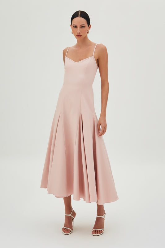 VESTIDO MIDI COM RECORTES FRONTAIS E PREGAS SAIA ROSE