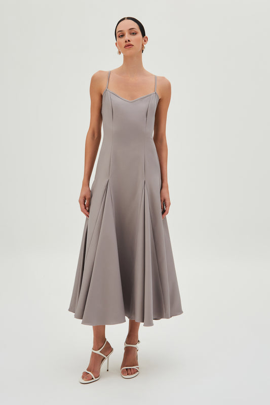 VESTIDO MIDI COM RECORTES FRONTAIS E PREGAS SAIA CINZA GRANITO