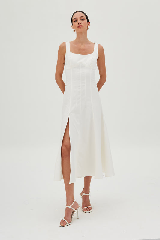 VESTIDO MIDI RECORTE BUSTO ACINTURADO ALCA LARGA OFF WHITE