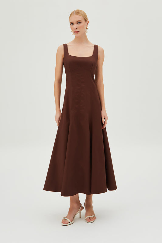 VESTIDO MIDI RECORTE BUSTO ACINTURADO ALCA LARGA MARROM ESCURO