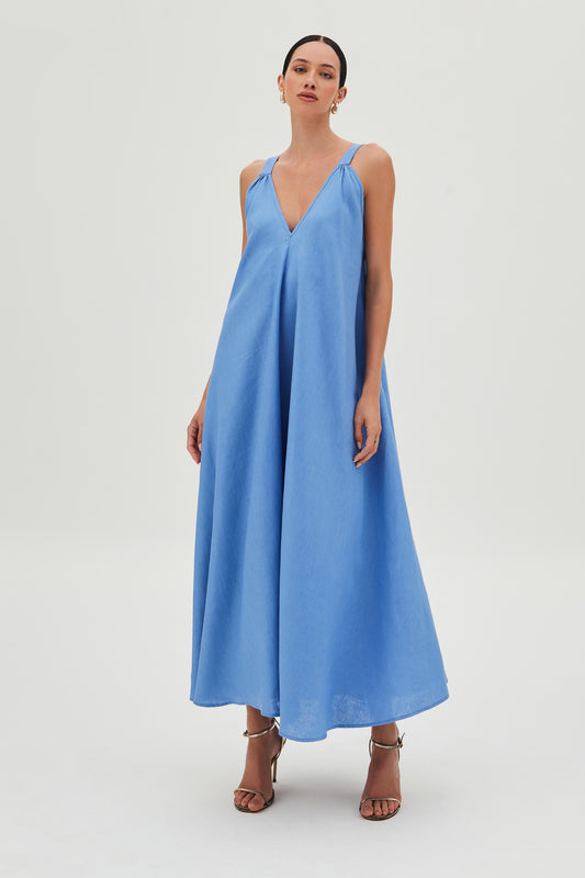 VESTIDO MIDI ALCA LARGA DECOTE V CAIMENTO AMPLO AZUL JEANS