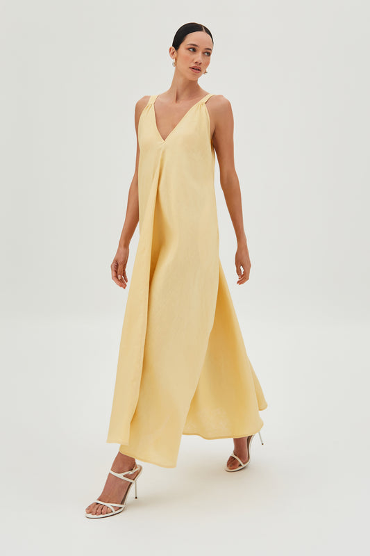 VESTIDO MIDI ALCA LARGA DECOTE V CAIMENTO AMPLO AMARELO MANTEIGA