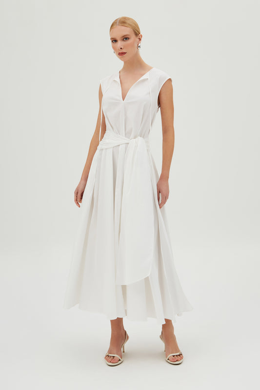 VESTIDO MIDI COM SOBREPOSICAO PARA AMARRACAO CINTURA OFF WHITE