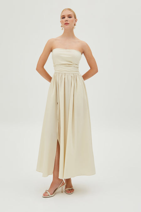 VESTIDO MIDI TOMARA QUE CAIA FENDA FRONTAL SAIA AMPLA CRU