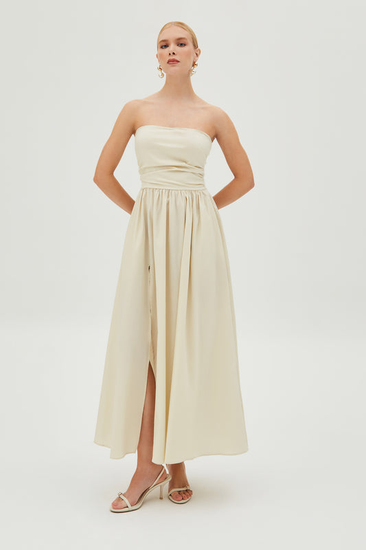 VESTIDO MIDI TOMARA QUE CAIA FENDA FRONTAL SAIA AMPLA CRU