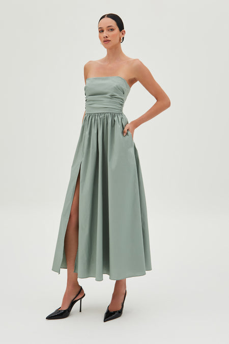 VESTIDO MIDI TOMARA QUE CAIA FENDA FRONTAL SAIA AMPLA VERDE CASCALHO