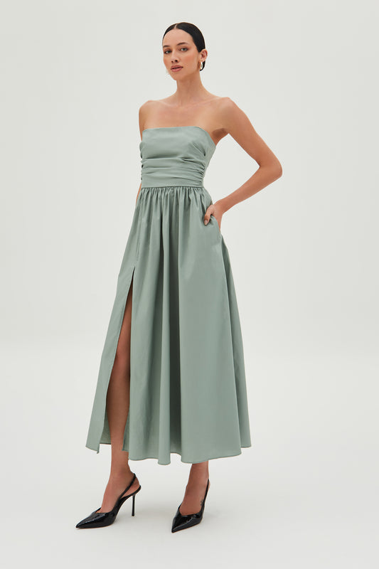 VESTIDO MIDI TOMARA QUE CAIA FENDA FRONTAL SAIA AMPLA VERDE CASCALHO