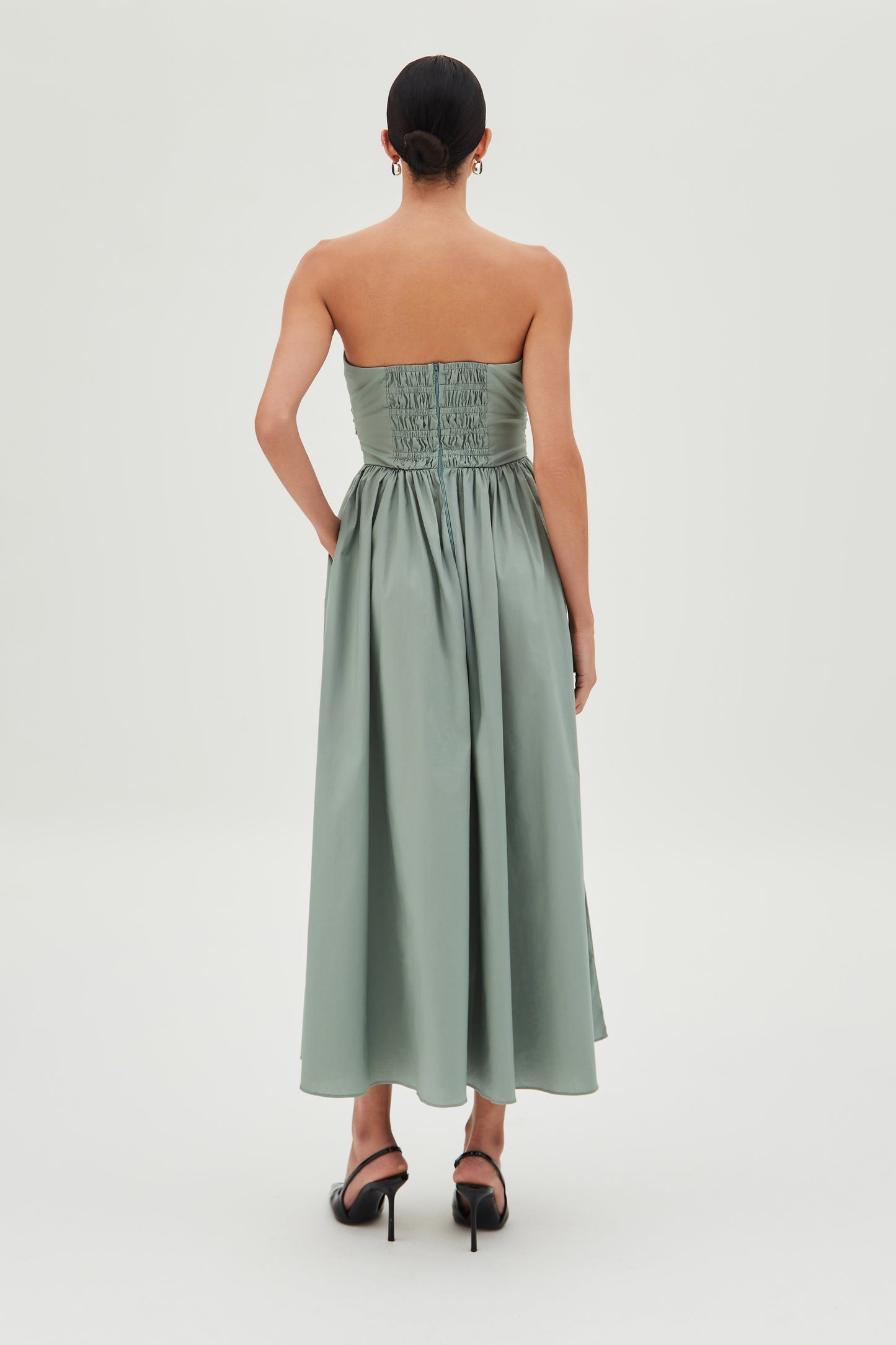 VESTIDO MIDI TOMARA QUE CAIA FENDA FRONTAL SAIA AMPLA VERDE CASCALHO