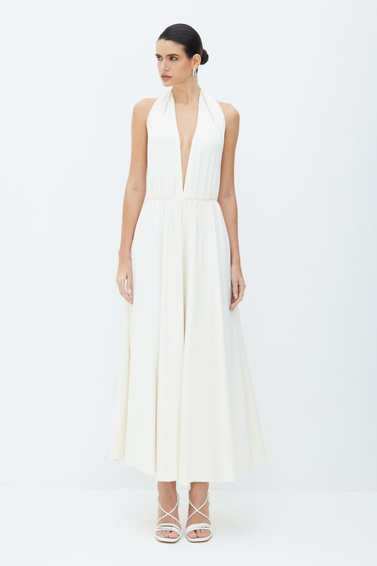 VESTIDO MIDI FRENTE UNICA DECOTE PROFUNDO OFF WHITE