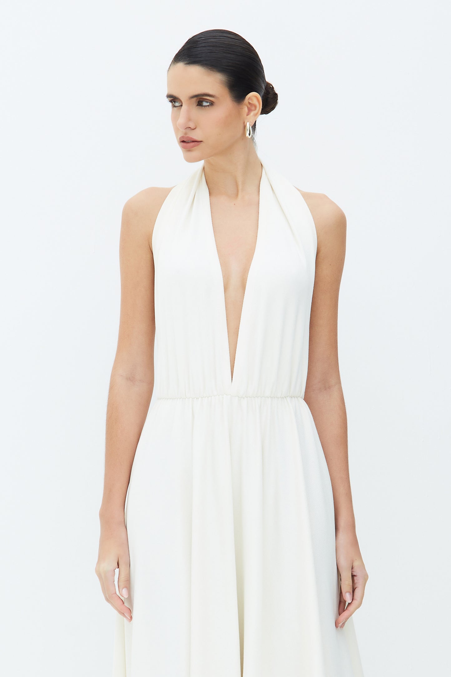 VESTIDO MIDI FRENTE UNICA DECOTE PROFUNDO OFF WHITE