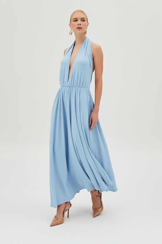 VESTIDO MIDI FRENTE UNICA DECOTE PROFUNDO AZUL BEBE