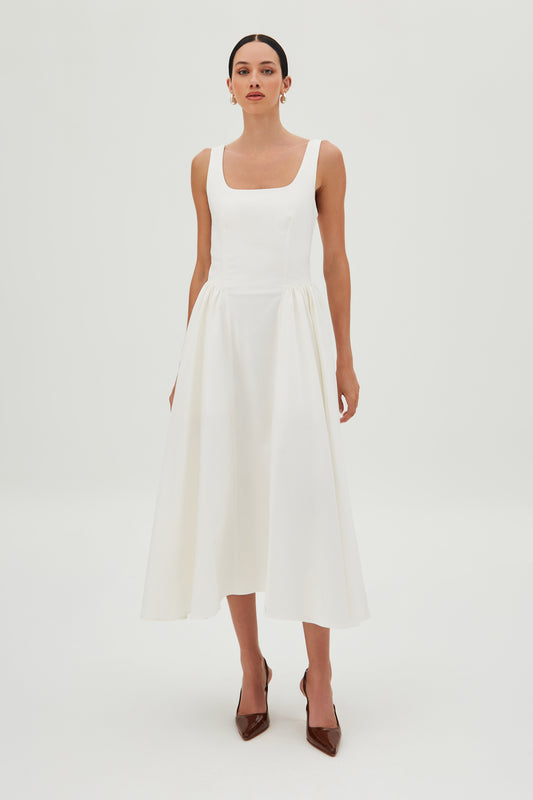 VESTIDO MIDI COM SAIA ESTRUTURADA E AMPLA OFF WHITE