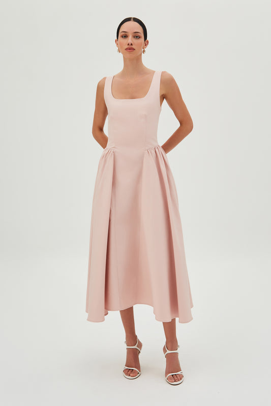 VESTIDO MIDI COM SAIA ESTRUTURADA E AMPLA ROSE