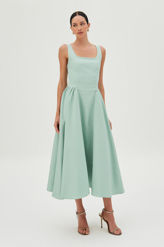 VESTIDO MIDI COM SAIA ESTRUTURADA E AMPLA VERDE MENTA