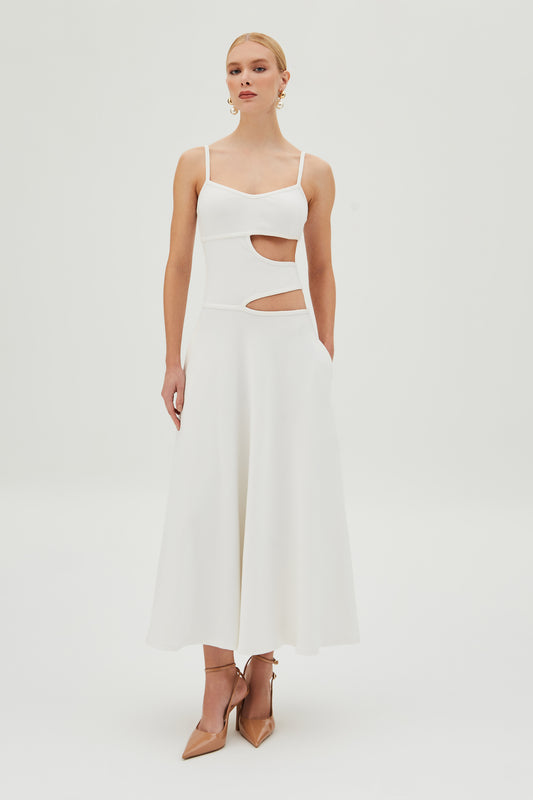 VESTIDO MIDI COM ABERTURAS LATERAIS E BARRA AMPLA OFF WHITE