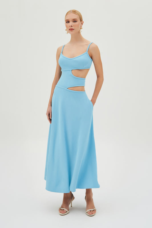 VESTIDO MIDI COM ABERTURAS LATERAIS E BARRA AMPLA AZUL OCEANO