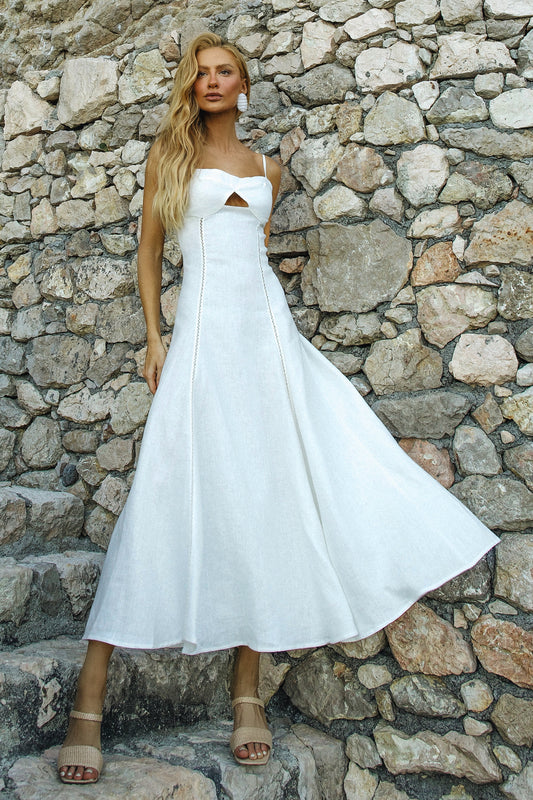 VESTIDO MIDI COM DETALHE DE ENTREMEIO ABERTURA BUSTO BRANCO