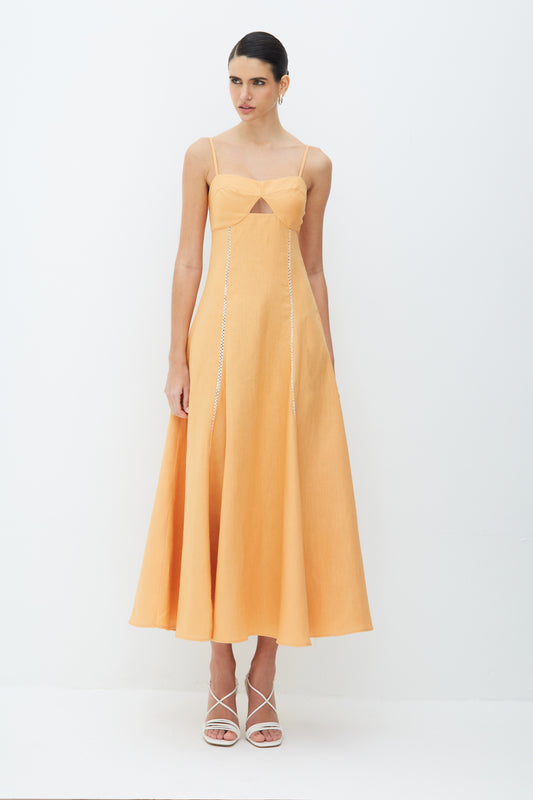 VESTIDO MIDI COM DETALHE DE ENTREMEIO ABERTURA BUSTO LARANJA PESSEGO