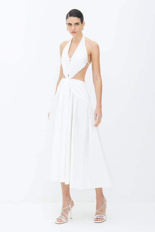 VESTIDO MIDI FRENTE UNICA TORCAO FRONTAL E AMARRACAO OFF WHITE