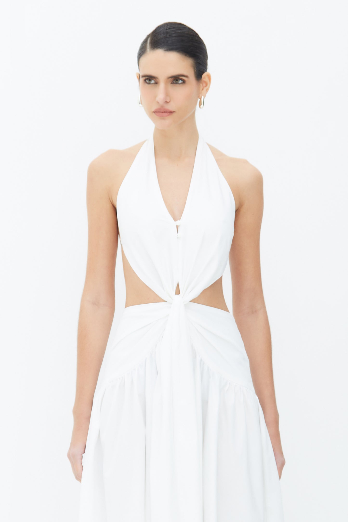 VESTIDO MIDI FRENTE UNICA TORCAO FRONTAL E AMARRACAO OFF WHITE