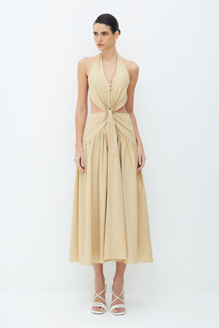 VESTIDO MIDI FRENTE UNICA TORCAO FRONTAL E AMARRACAO BEGE MEL