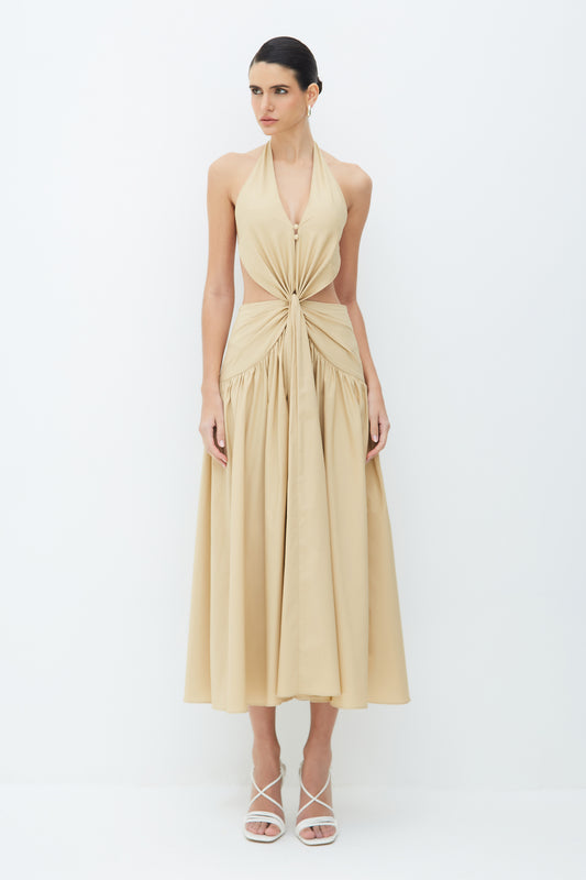 VESTIDO MIDI FRENTE UNICA TORCAO FRONTAL E AMARRACAO BEGE MEL