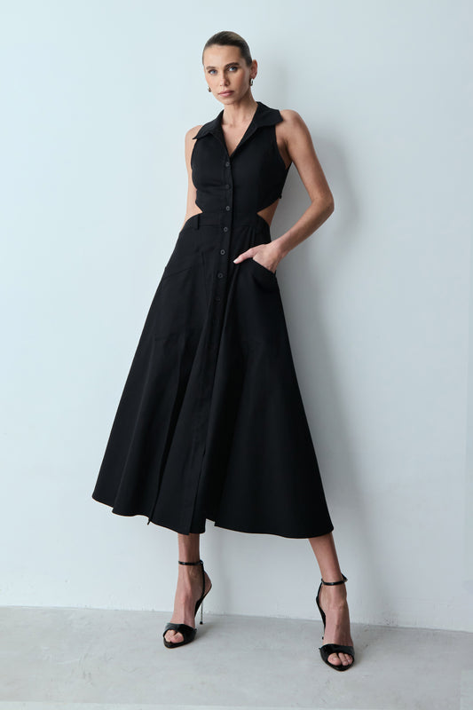 VESTIDO MIDI BOTOES FRONTAL ABERTURA COSTAS E GOLA PRETO