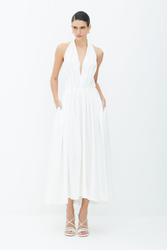 VESTIDO LONGO FRENTE UNICA COM AMARRACAO COSTAS OFF WHITE