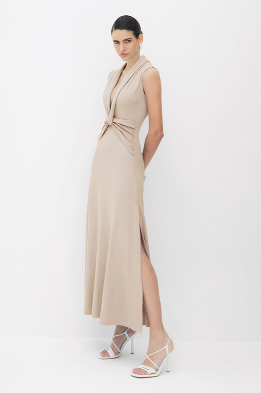 VESTIDO MIDI DECOTE V COM DETALHE SOBREPOSTO CINTURA MARROM CLARO