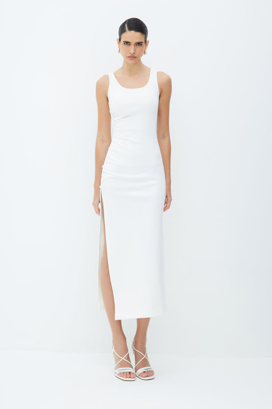 VESTIDO MIDI COM FRANZIDO E FENDA LATERAL OFF WHITE