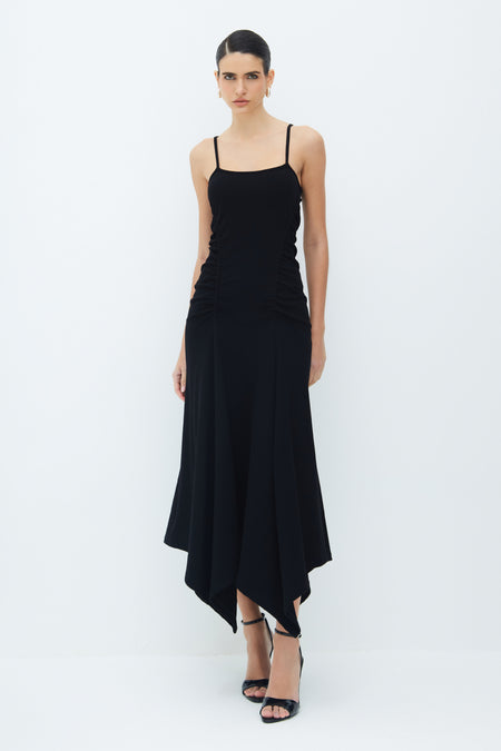 VESTIDO MIDI FRANZIDOS LATERAIS E BARRA ASSIMETRICA PRETO