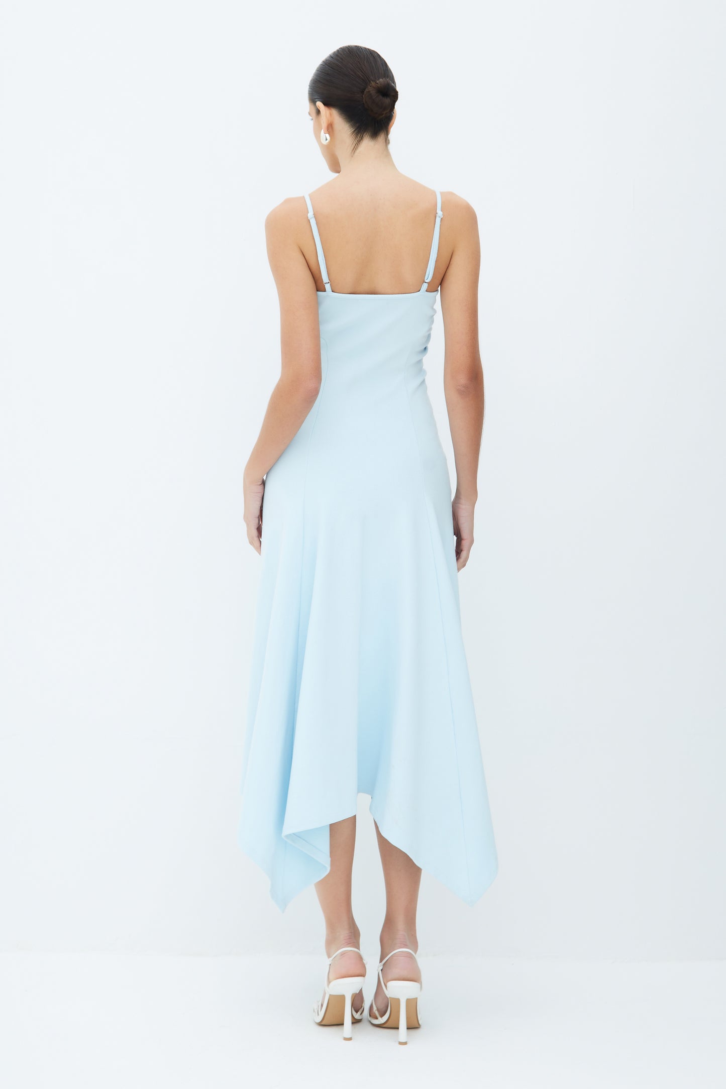 VESTIDO MIDI FRANZIDOS LATERAIS E BARRA ASSIMETRICA AZUL POLAR