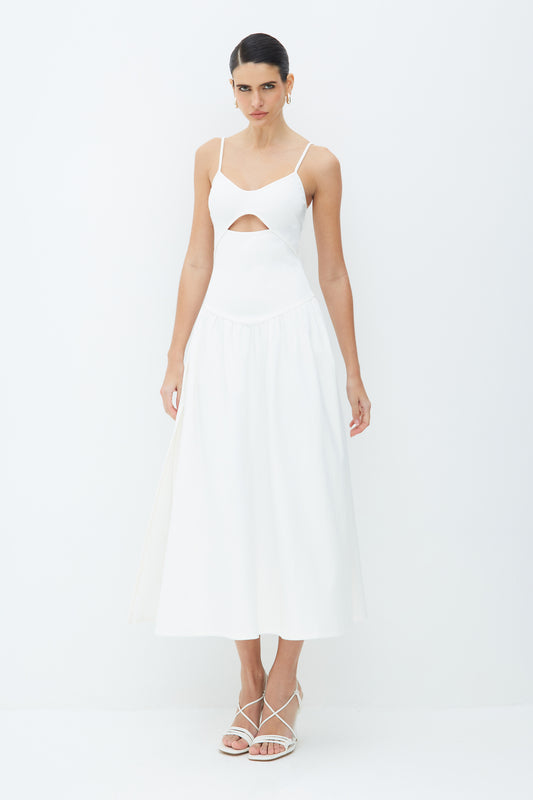 VESTIDO MIDI COM ABERTURA NO CORPO E SAIA AMPLA OFF WHITE
