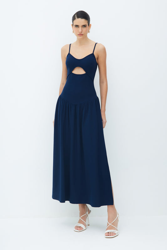 VESTIDO MIDI COM ABERTURA NO CORPO E SAIA AMPLA AZUL MARINHO ESCURO