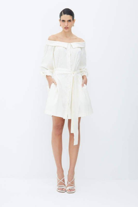 VESTIDO CURTO COM BOTOS FRONTAL E FAIXA PARA AMARRACAO OFF WHITE