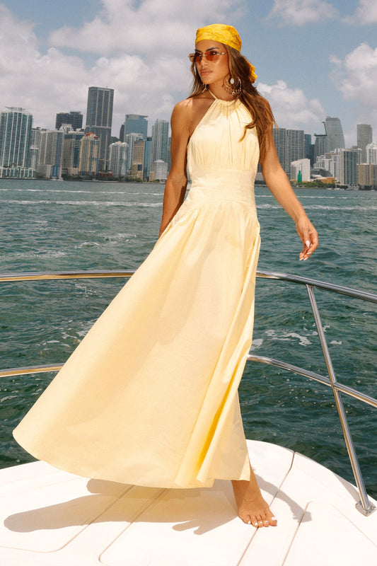 VESTIDO MIDI AMARRACAO COSTAS E PESCOCO BARRA AMPLA AMARELO MANTEIGA