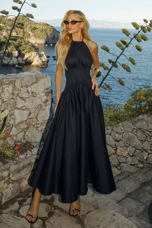 VESTIDO MIDI AMARRACAO COSTAS E PESCOCO BARRA AMPLA PRETO