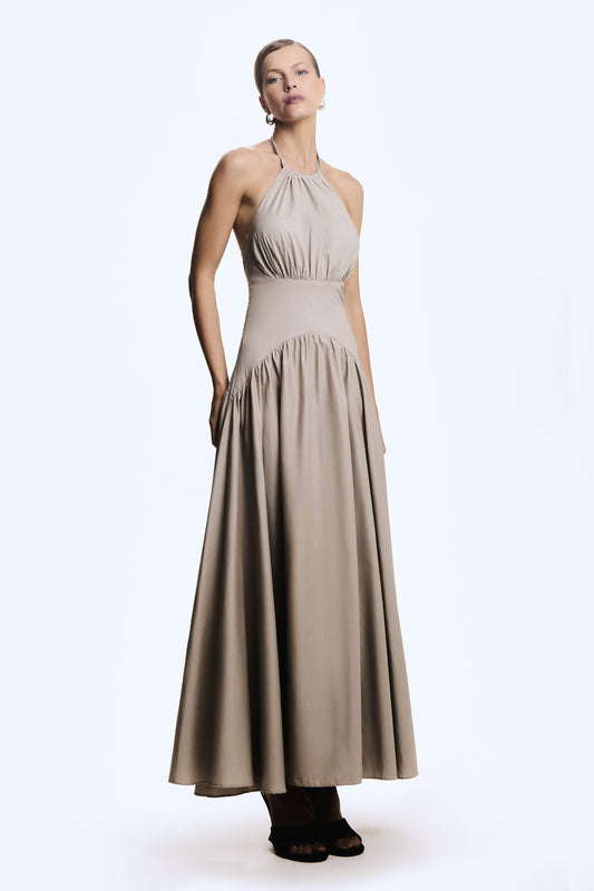 VESTIDO MIDI AMARRACAO COSTAS E PESCOCO BARRA AMPLA PRETO BEGE SAFARI