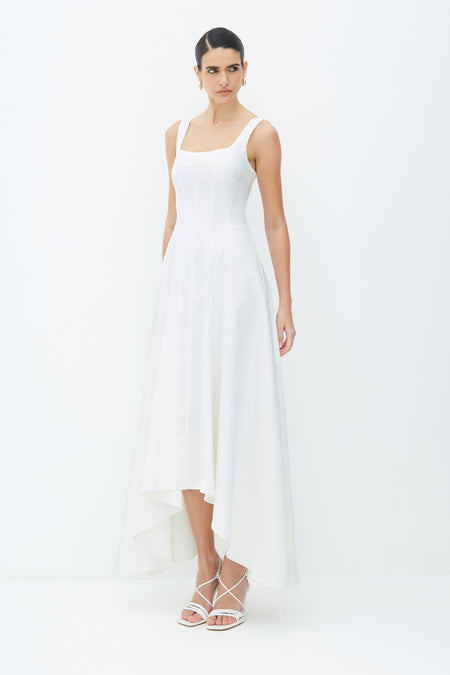 VESTIDO MIDI ALCA LARGA RECORTESE BARRA ASSIMETRICA OFF WHITE