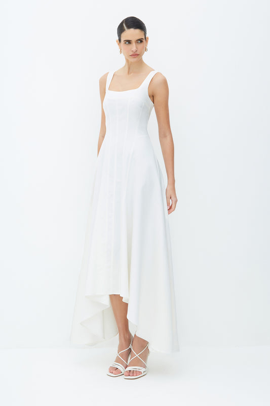 VESTIDO MIDI ALCA LARGA  RECORTESE BARRA ASSIMETRICA OFF WHITE