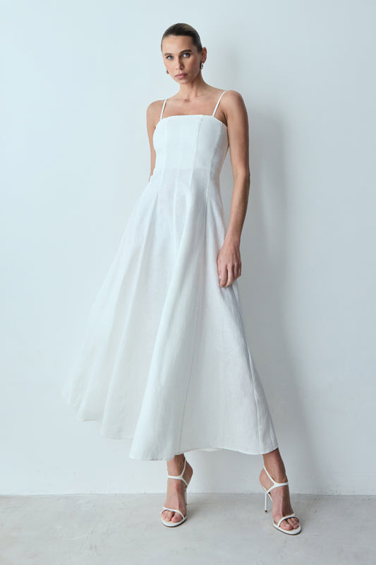 VESTIDO MIDI PESPONTOS FINOS E  DECOTE RETO BRANCO