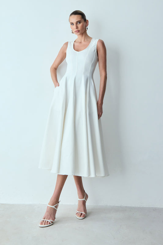 VESTIDO MIDI SAIA GODE COM RECORTES FRONTAL OFF WHITE