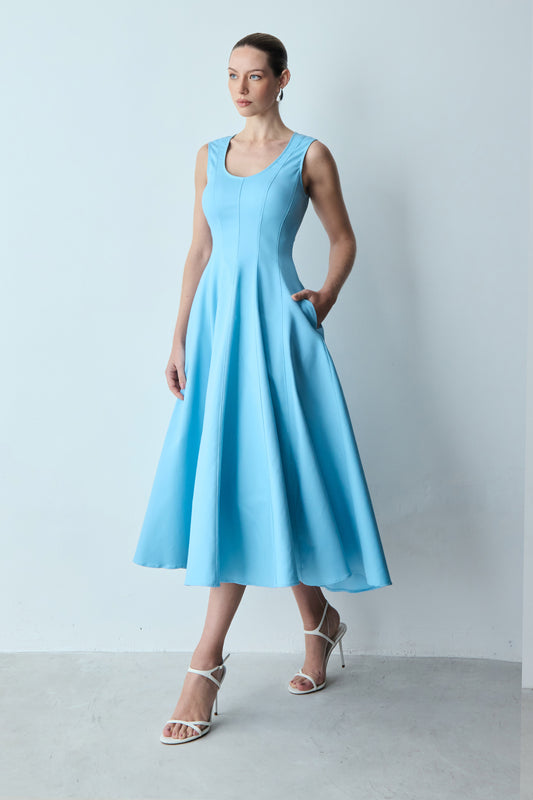 VESTIDO MIDI SAIA GODE COM RECORTES FRONTAL AZUL OCEANO